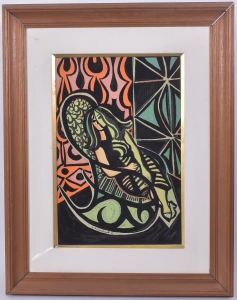 DI CAVALCANTI, Emiliano - Figura Feminina em cadeira de balanço. Óleo sobre placa. Assinado no canto inferior esquerdo e datado em 1965. Medidas: 54 x 35 cm — Di Cavalcanti