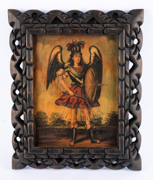 Escola Cusquenha. "São Miguel". Óleo sobre eucatex. 22 x 17cm. Moldurado. 30,5 x 25cm. — Escola Cusquenha