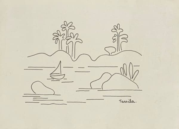 TARSILA DO AMARAL (Capivari, 1 de setembro de 1886 São Paulo, 17 de janeiro de 1973) - "Marinha" nanquim, A.C.I.D, déc 50. Med 20x25 cm. Ausência de moldura. Sem expertise, não garantimos a autenticidade — Tarsila do Amaral