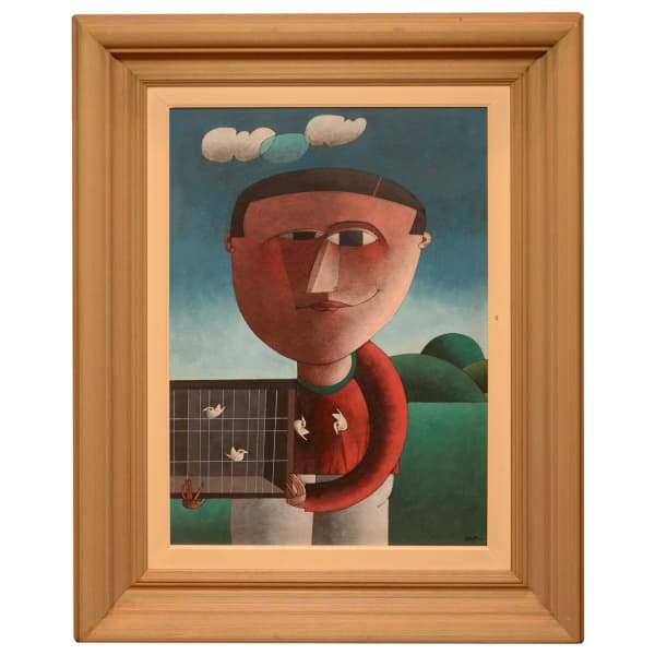 INOS CORRADIN (Vogogna, Piemonte, Itália, 1929) - Moço com Pássaros. Óleo s/ tela. Ass. cid. Ass. e titulado no verso. 68 x 48 cm (MI). 95 x 78 cm (ME). Pintor, cenógrafo, gravador, desenhista. — Inos Corradin