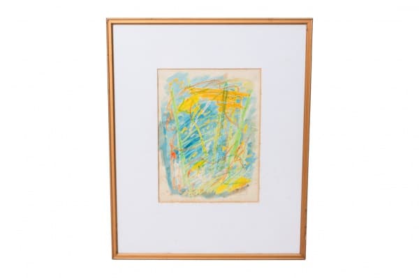 Obra assinada por Epstein e datada de 1986, executada sobre papel fixado em Eucatex. Técnica mista com predomínio de aquarela e traços livres em guache ou pastel oleoso, em estilo abstrato expressionista com cores vibrantes (azul, amarelo, verde e laranja). Acompanha moldura metálica dourada com paspatur branco e vidro. Medidas totais: altura 53 cm, largura 43 cm. O papel apresenta manchas de oxidação e sinais de envelhecimento visíveis nas bordas. Obra expressiva, ideal para colecionadores de a — Epstein