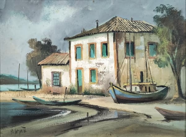 OMAR PELLEGATTA - `O pesqueiro de Jurujba` - óleo sobre tela - ass.inf.esq., dat. 1979 - 30x40 cm. - Com etiqueta do ateliê do artista no verso. — OMAR PELLEGATTA
