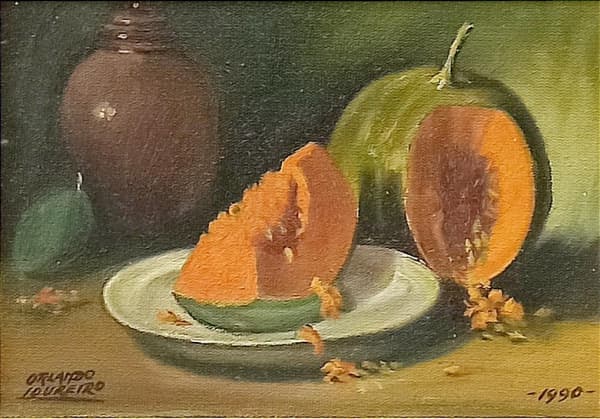 ORLANDO LOUREIRO, um (1) quadro, representando natureza morta, OST, assinado no CIE e datado 1990 no CID, verso autenticado e datado, medindo com moldura 41 x 34 cm, (Orlando Pais Loureiro, pintor ativo no Rio de Janeiro, discípulo de José Lima, participou de diversos Salões de Arte na década de 60). — ORLANDO LOUREIRO