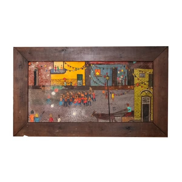 ANA MOYSÉS DE SOUZA (Catanduva, SP, 1939 - Embu, SP, 2003) "Festa junina", óleo sobre tela, medindo 50 cm por 100 cm, a.c.i.d., datado "(19)67". (Necessitando de pequenos restauros na tela) — ANA MOYSÉS DE SOUZA