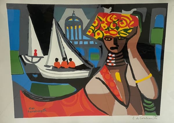 DI CAVALCANTI, Emiliano - "Mulata com barcos" - Gravura - 50 x 60 cm - a.c.i.d. — Di Cavalcanti