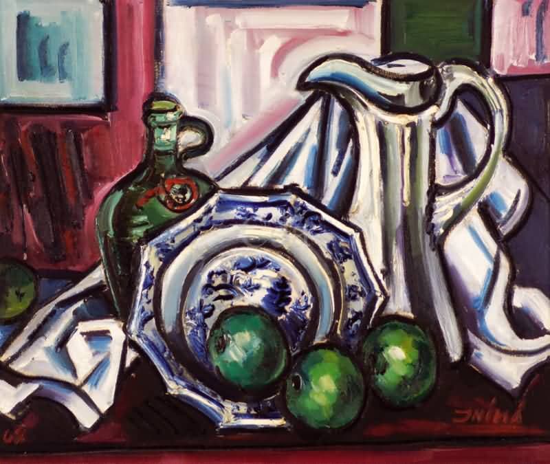 Composição com garrafa, frutas e porcelana — Inima José de Paula, 1968