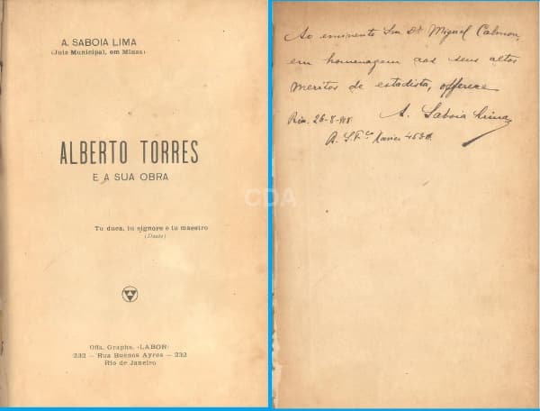 Livro: LIMA, A. Sabóia. Alberto Torres e a sua obra. Rio de Janeiro: Offs. Graphs. Labor, s.d.. 20 — Não identificado