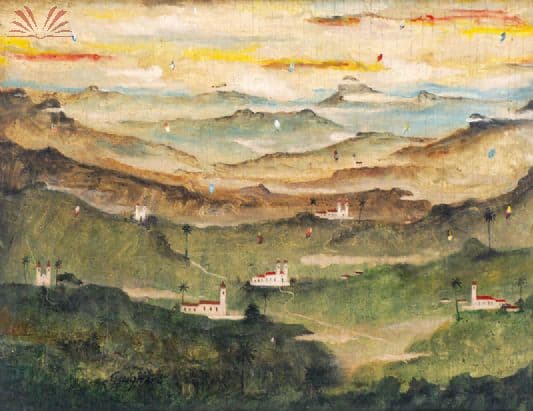 Paisagem onírica de Ouro Preto com balões — Alberto Guignard