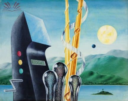 Composição com bomba de gasolina, lago, ilha e montanhas — Walter Lewy, 1984