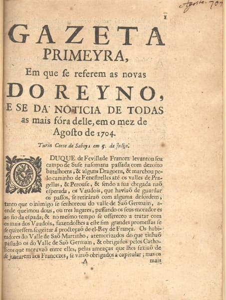 Livro: DESLANDES, Valentim da Costa. Gazeta Primeyra, em que se referem as novas do Reyno e se da No — Não identificado