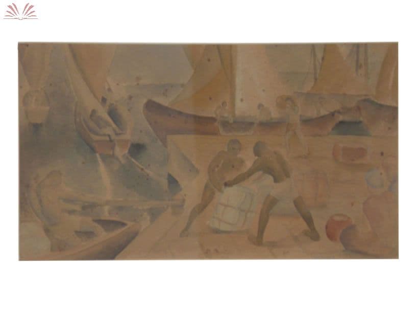 Porto com barcos e figuras — Antonio Gonçalves Gomide