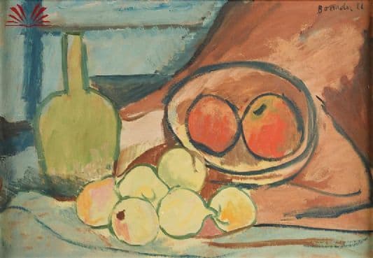 Composição com frutas e garrafas — Aldo Bonadei, 1966