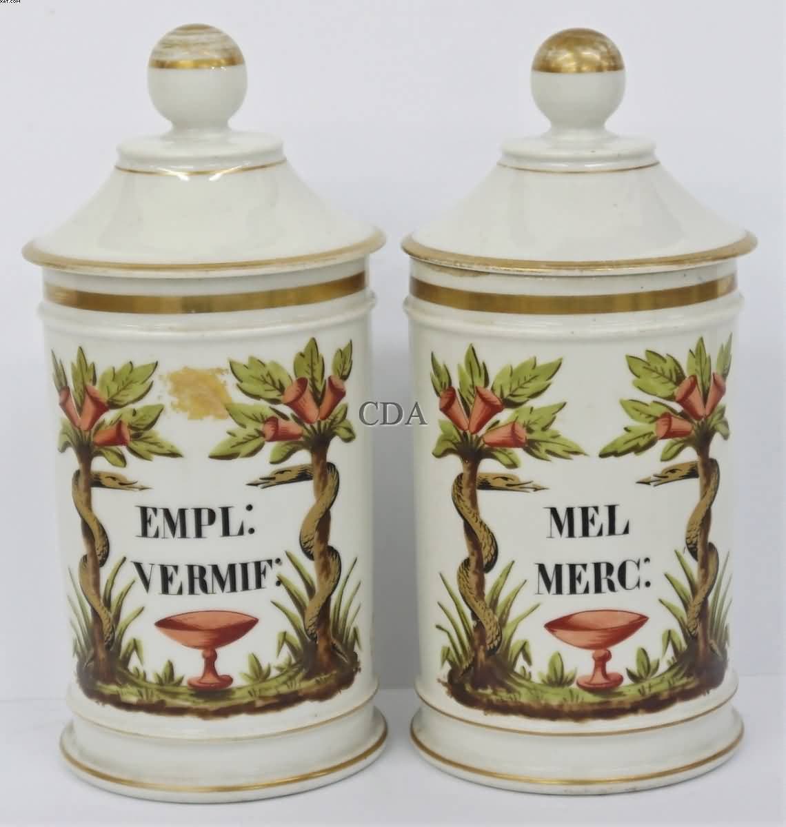 Par de potes de farmácia em porcelana francesa — Não identificado