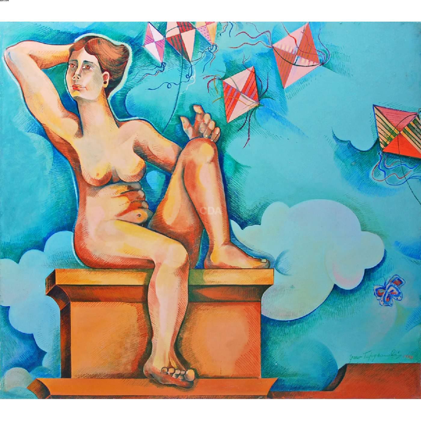 Sem título, figura mulher, pipas e borboletas — Yara Tupynamba, 1972