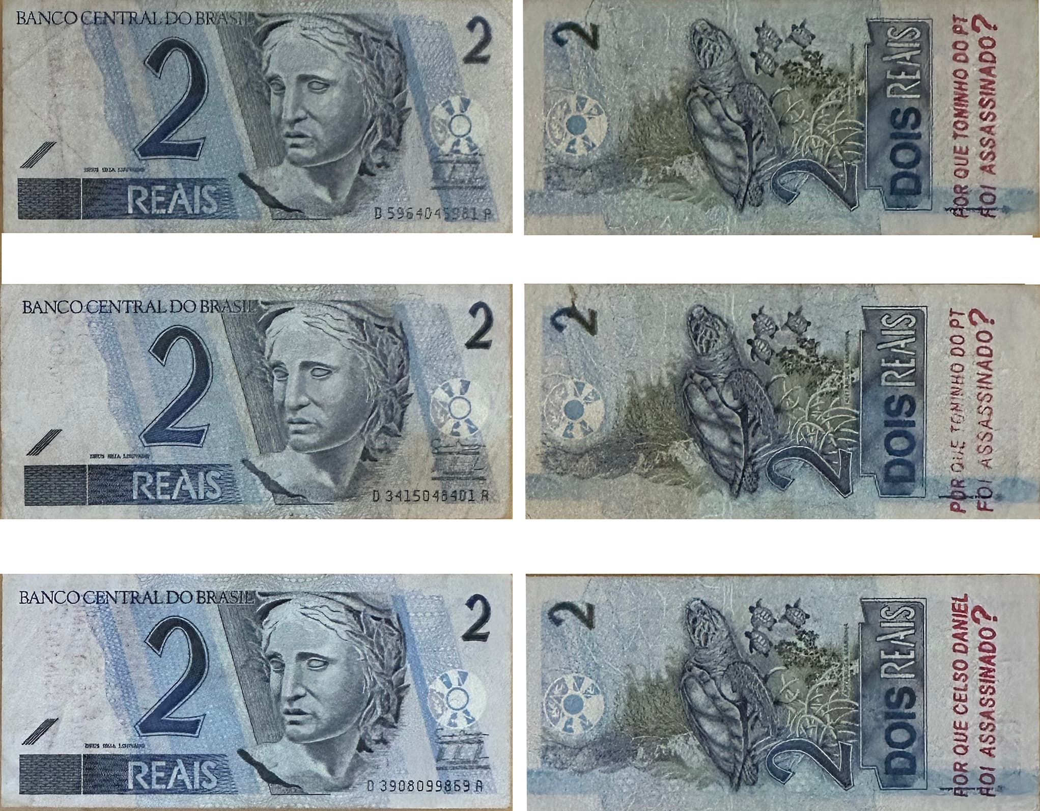 Por que Toninho do PT foi Assassinado? (Par) / Por que Celso Daniel Foi Assassinado? Inserção Dois Reais – Da série Inserções em Circuitos Ideológicos – Projeto Cédula (Conjunto de Três Cédulas) — Cildo Meireles, 2013